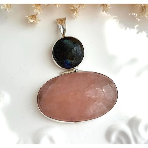 Rose Quartz & Labradorite Semi-Precious Gemstone Sterling 925 Vintage Pendant - Picture 1 of 10